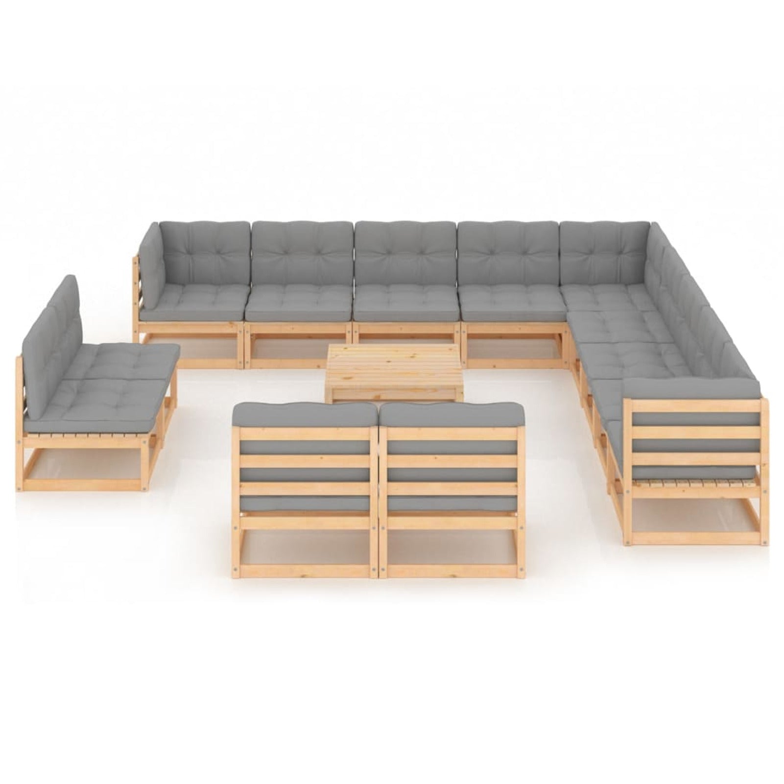 14 Piece Gray Cushioned Pinewood Sectional Outdoor Furniture Set X68741