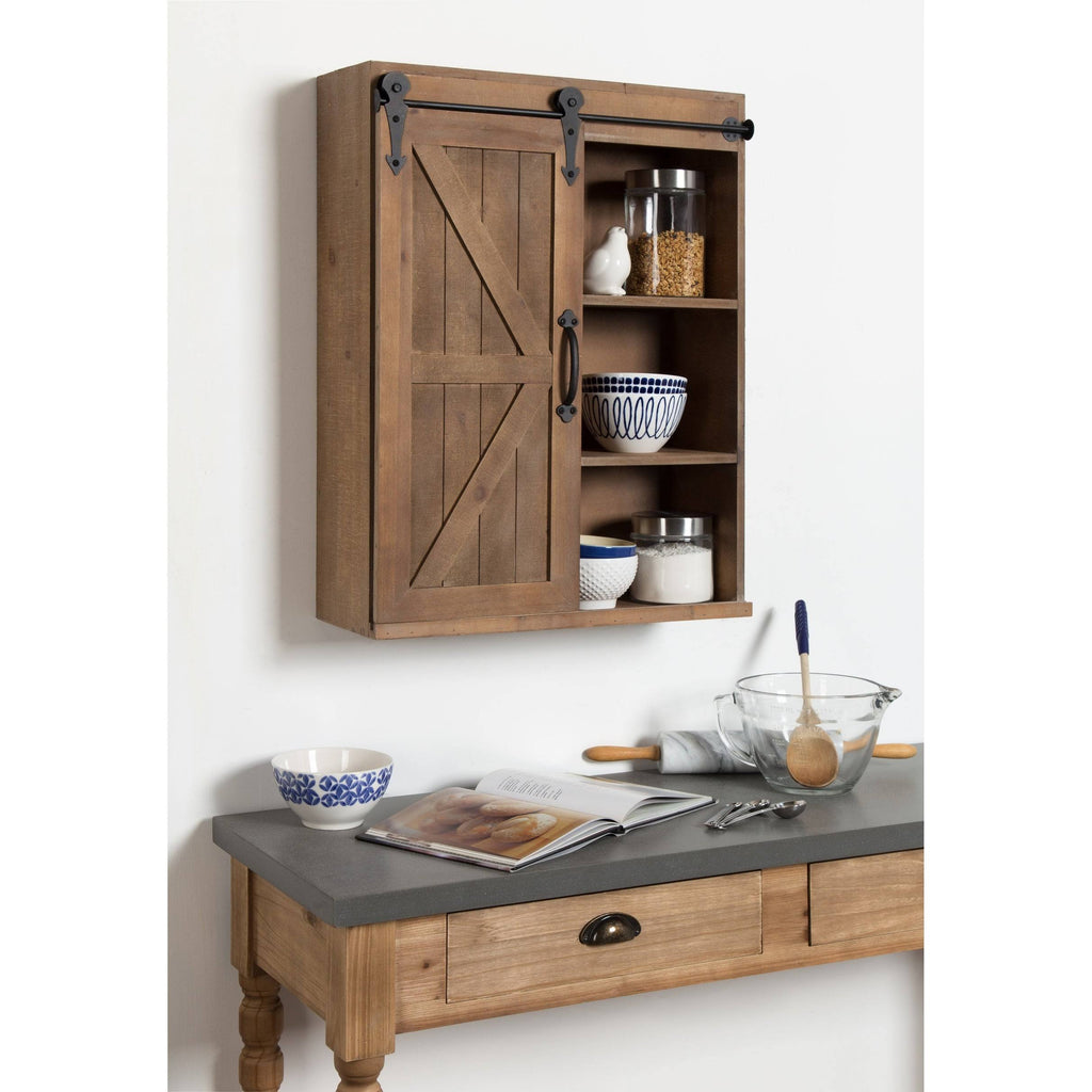 Rustic Brown Black Wood Wall Storage Cabinet with Sliding Barn Door O4626