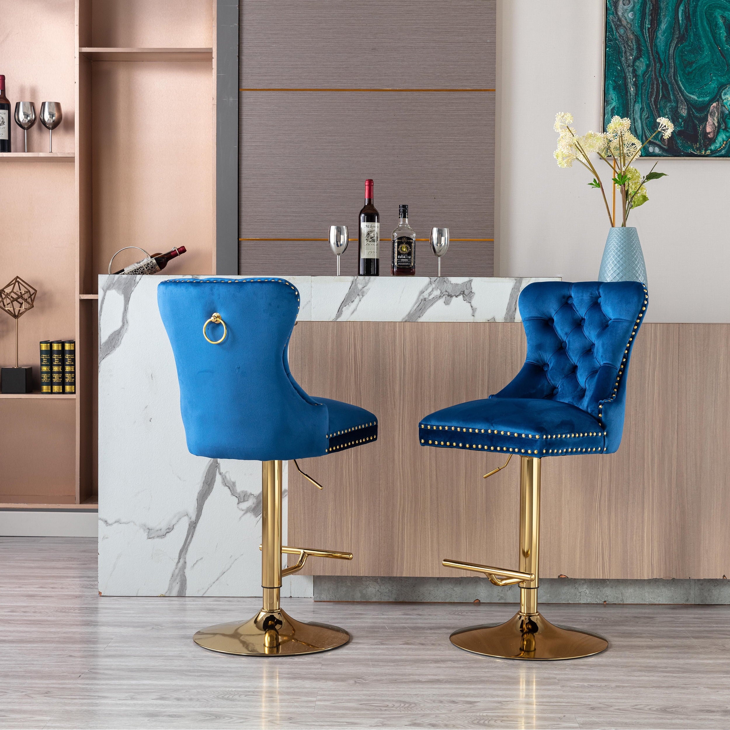 Blue Velvet Adjustable Counter Height Bar Stools Set of 2 Z898700