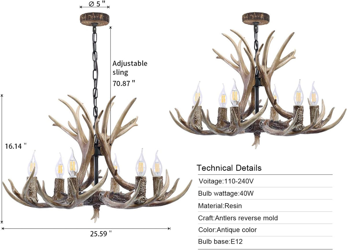 6 Light Resin Deer Antler Chandelier B59757