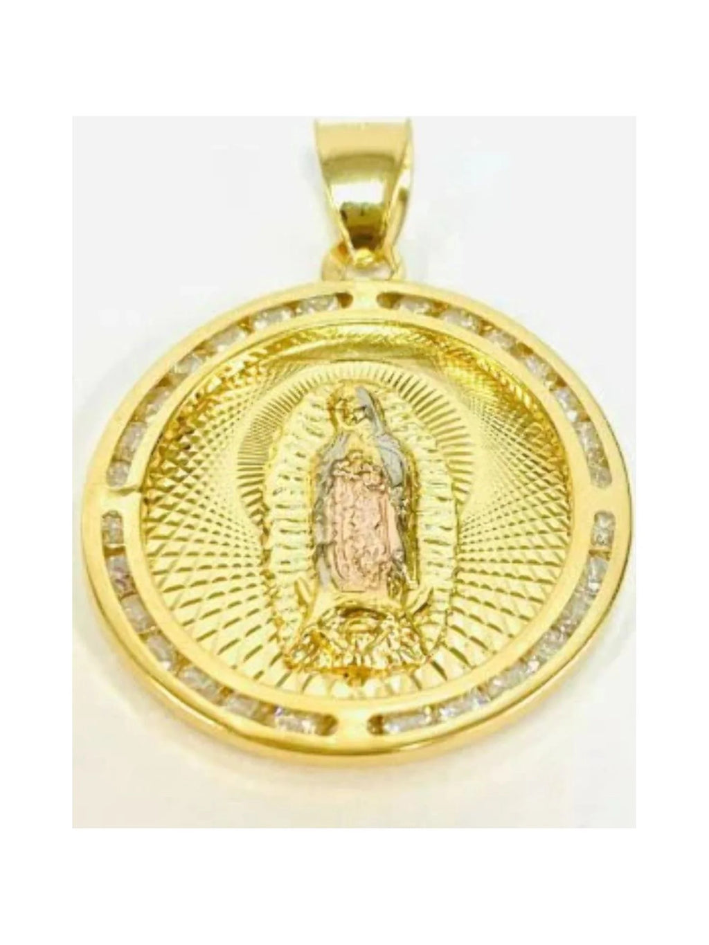 14K Gold Filled Tri Color Virgen de Guadalupe Necklace Figaro Chain N2030