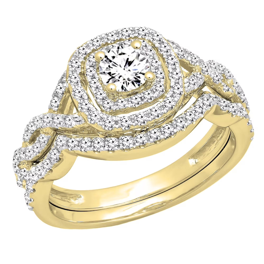 14K Yellow Gold Diamond Halo Engagement Ring Set I852