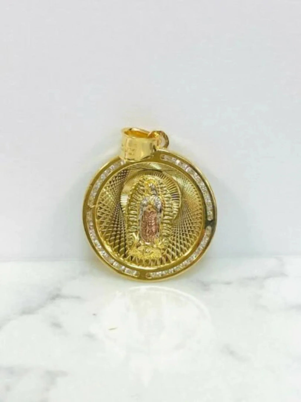 14K Gold Filled Tri Color Virgen de Guadalupe Necklace Figaro Chain N2030