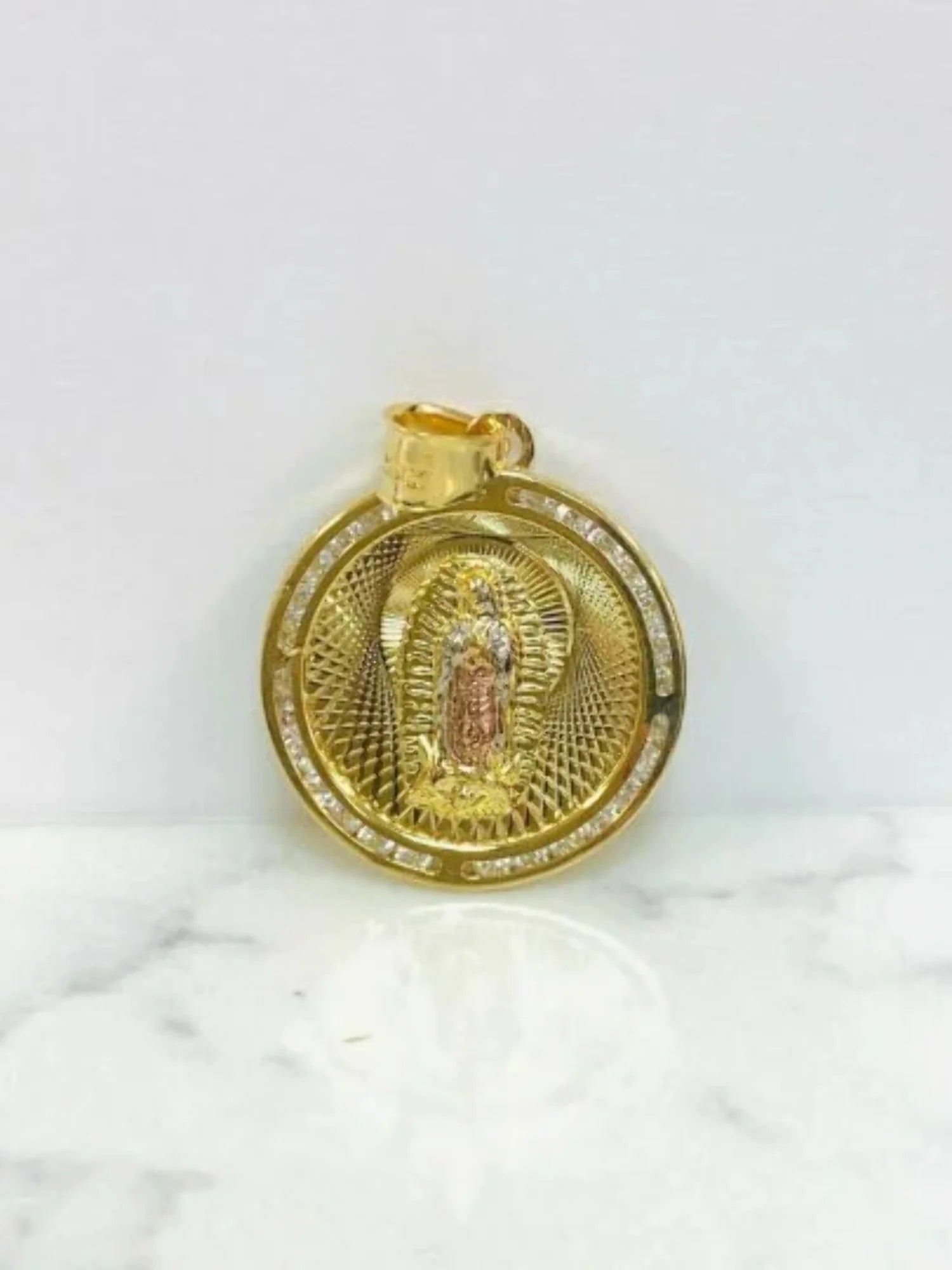 14K Gold Filled Tri Color Virgen de Guadalupe Necklace Figaro Chain N2030