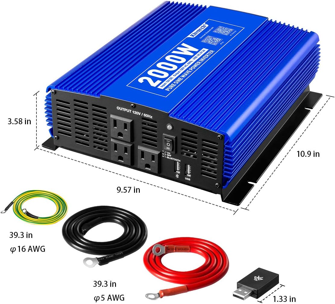 2000W Pure Sine Wave Power Inverter 12V DC to 110V AC with 3 AC Outlets & 1 USB Port Z7054