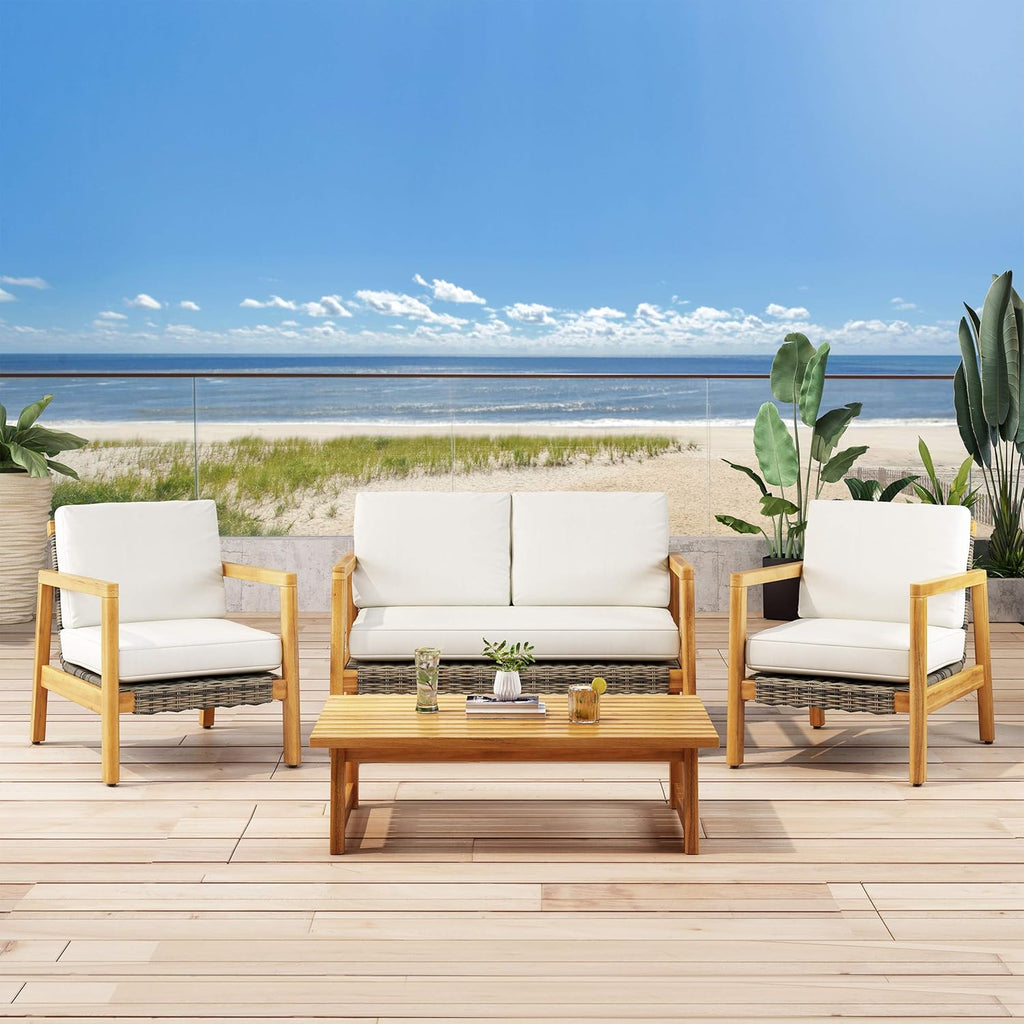 Outdoor 4 Seater Acacia Wood Chat Set with Wicker Accents W80404