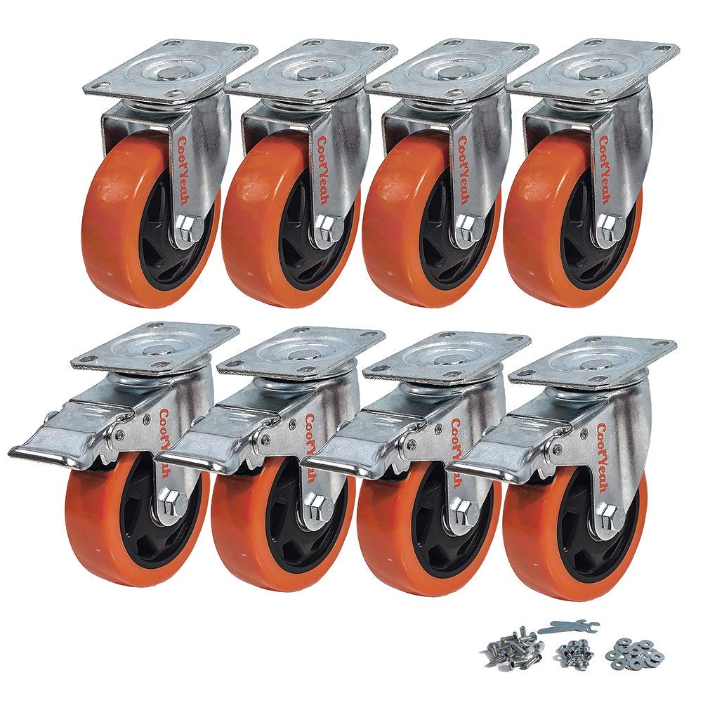 4 inch Swivel Plate PVC Caster Wheels, Heavy Duty Locking Casters (Pack of 8, 4 with Brake & 4 Without) B942589