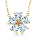 18K Yellow Gold Plated Silver Sky Blue Aquamarine and Pink Lab Grown Diamond Pendant Necklace F7589