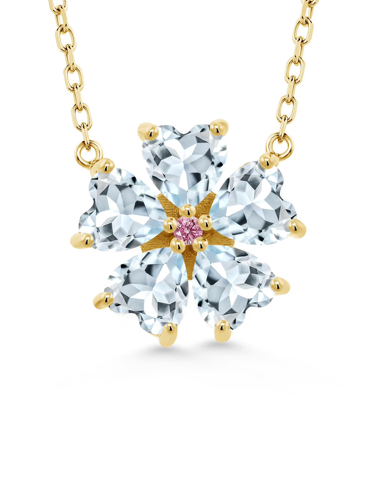 18K Yellow Gold Plated Silver Sky Blue Aquamarine and Pink Lab Grown Diamond Pendant Necklace F7589