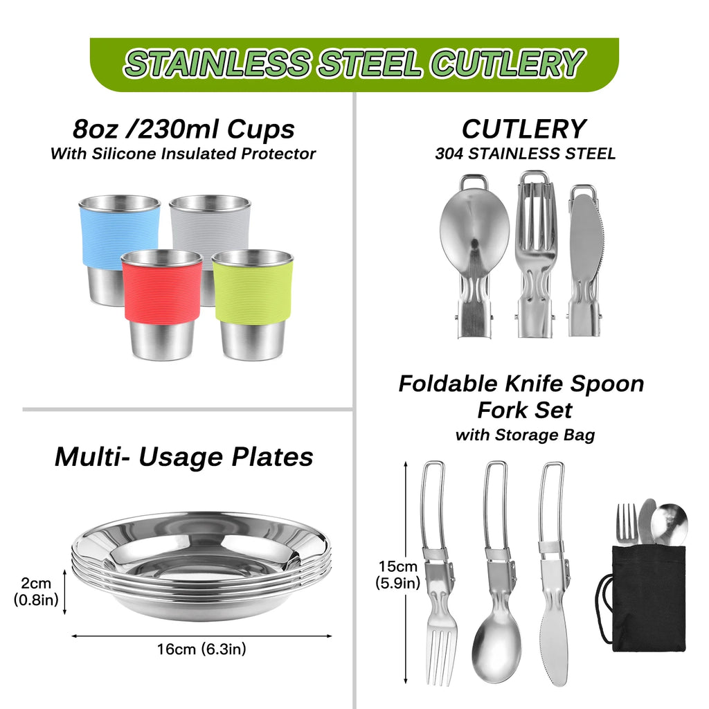 Collapsible Cookware Utensils Kit with Pan Knife Fork Bowl Q657