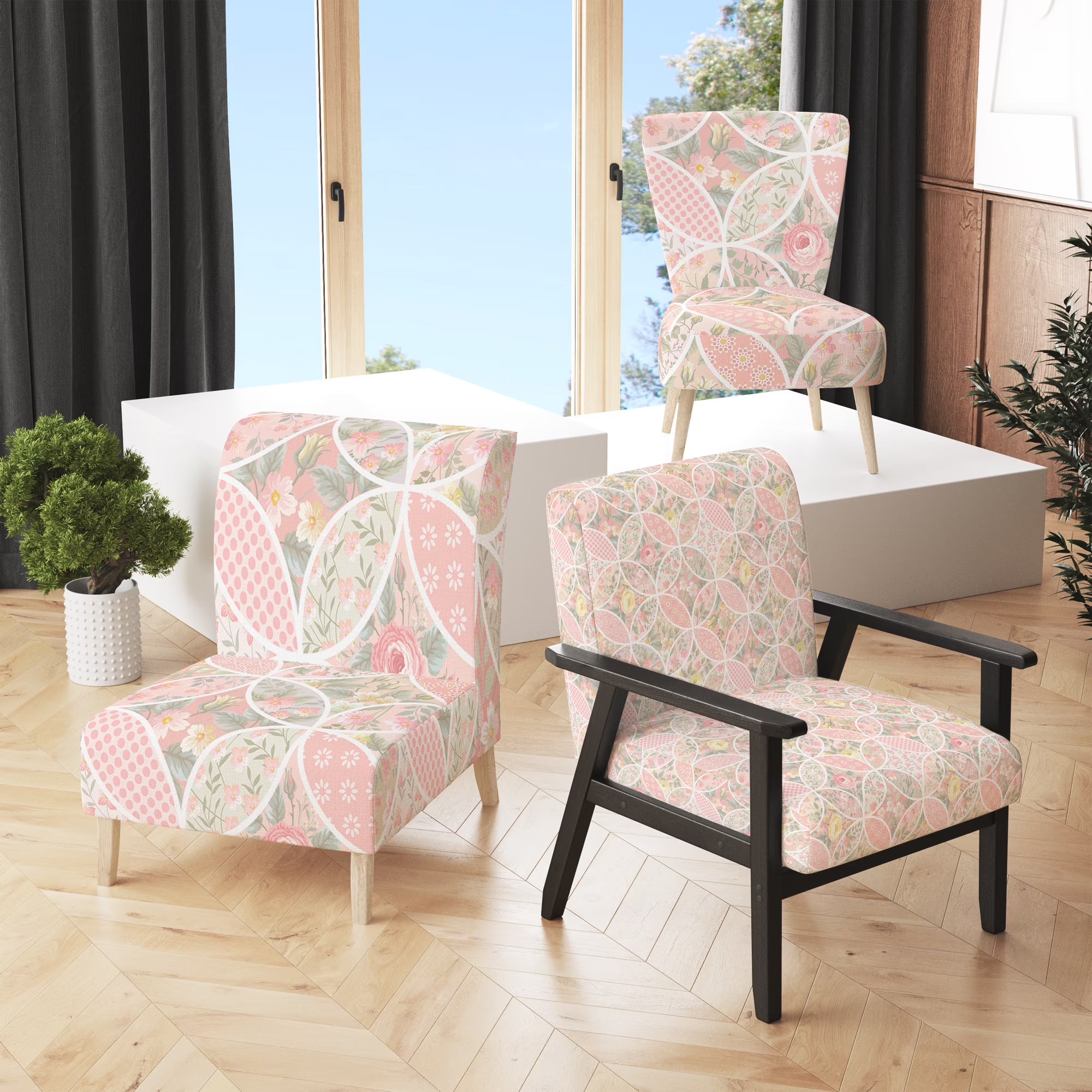 Pink Floral Patchwork Upholstered Accent Chair and Arm Chair J385647