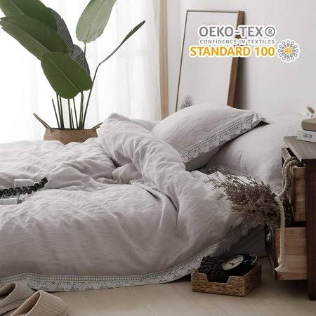 King 3pcs Pure Linen Duvet Cover Set Stone Washed Lace Border Z803419