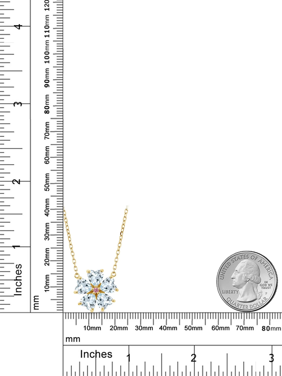 18K Yellow Gold Plated Silver Sky Blue Aquamarine and Pink Lab Grown Diamond Pendant Necklace F7589