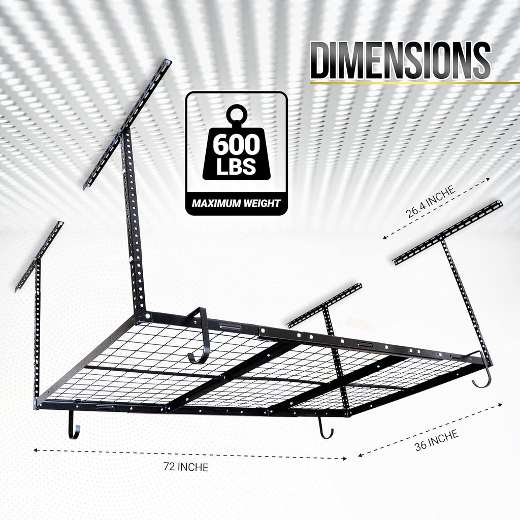 Overhead Garage Shelving Storage Rack, Adjustable 3’ x 6’, Heavy Duty Mounted Storage Shelves with 4 Flat Hooks H512798
