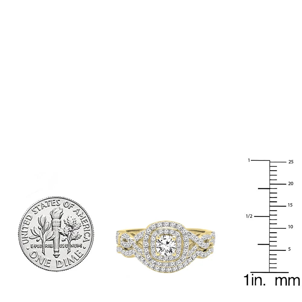 14K Yellow Gold Diamond Halo Engagement Ring Set I852