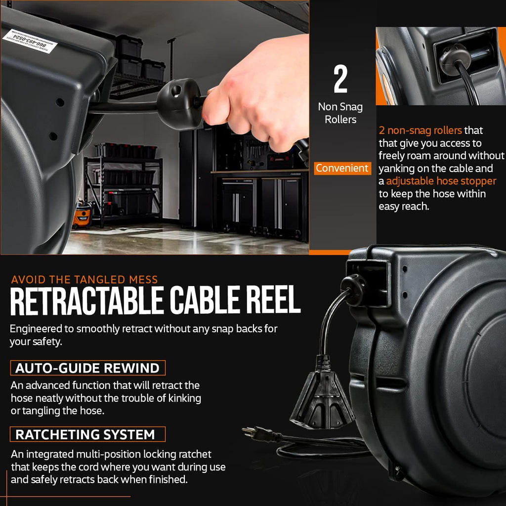 Extension Cord Reel Retractable 12AWG x 75' Feet Cable with Triple Tap Connector E997370