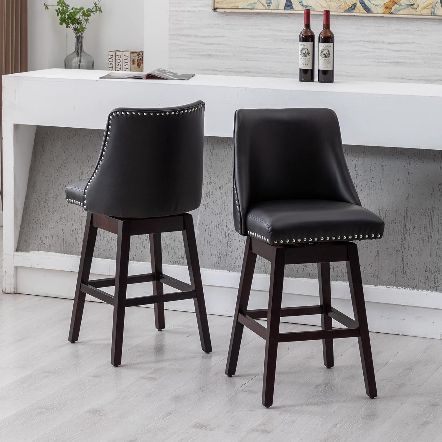 27 inch PU Leather Swivel Barstools with Wood Legs Q264365