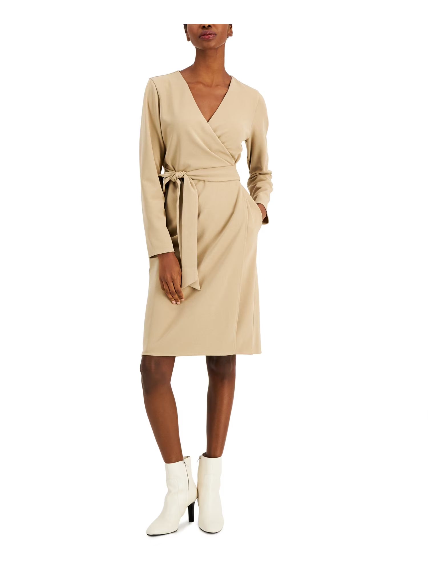 Brown Belted Long Sleeve Surplice Neckline Wrap Dress Petites R98288