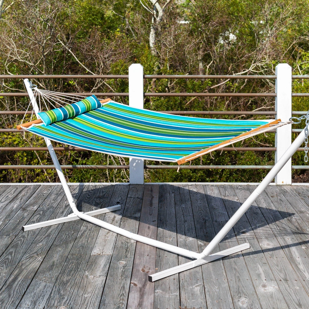Blue and Green Stripe Quilted Hammock with Stand and Pillow X724020