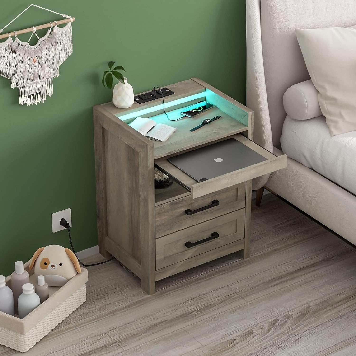 Grey Wood Nightstand with 2 Drawers and Pull-Out Shelf P41313