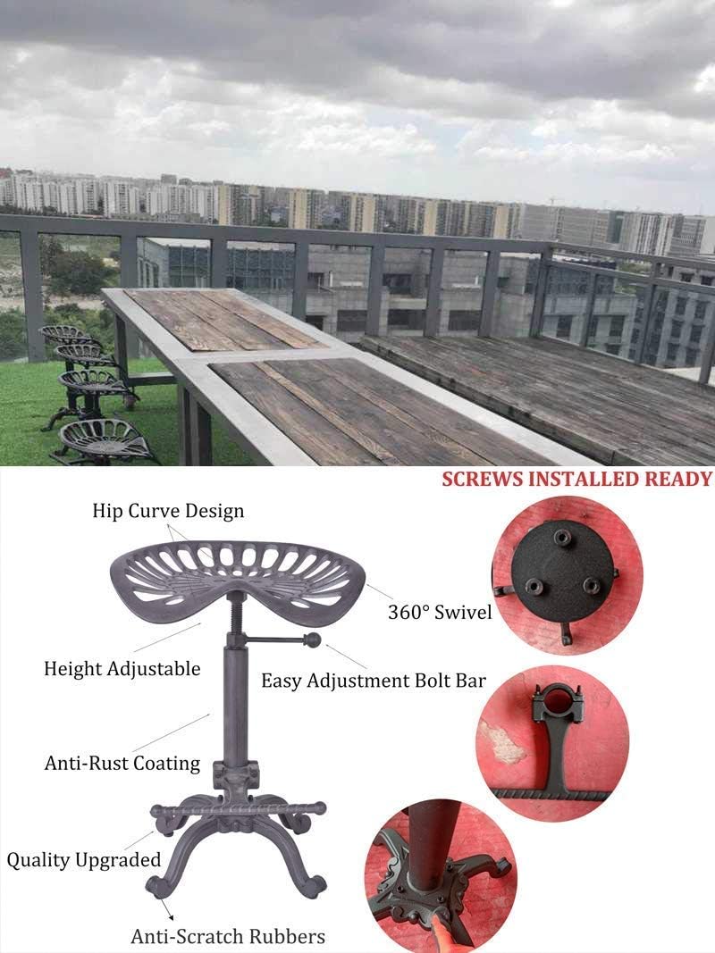 Industrial Bar Stool with Cast Iron Tractor Seat, Adjustable Counter Height Swivel Metal Stool Q897