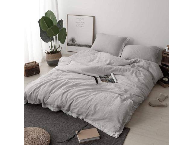 King 3pcs Pure Linen Duvet Cover Set Stone Washed Lace Border Z803419