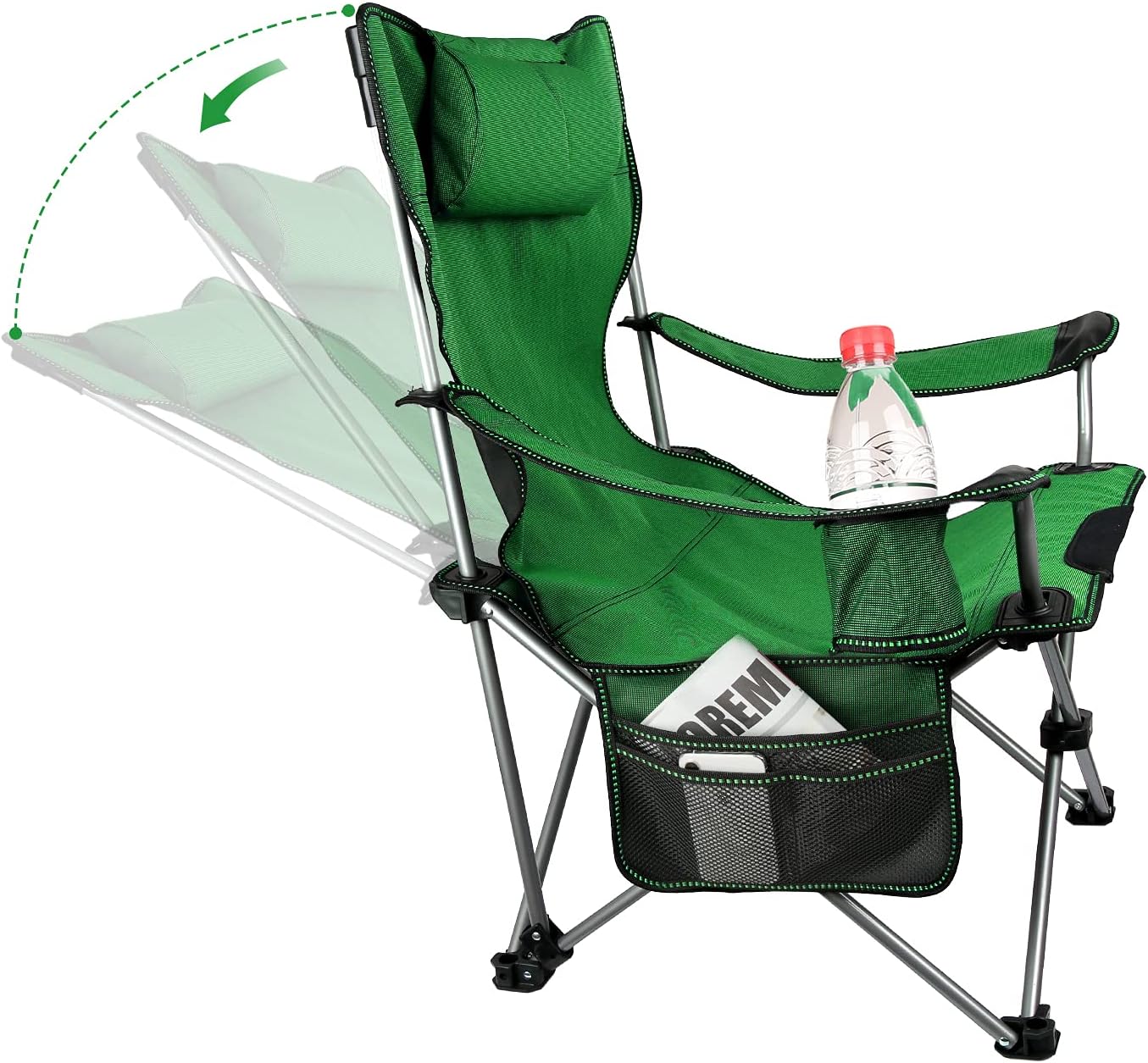 Blue Folding Recliner Camping Chair with Headrest Cup Holders Side Pocket I183825