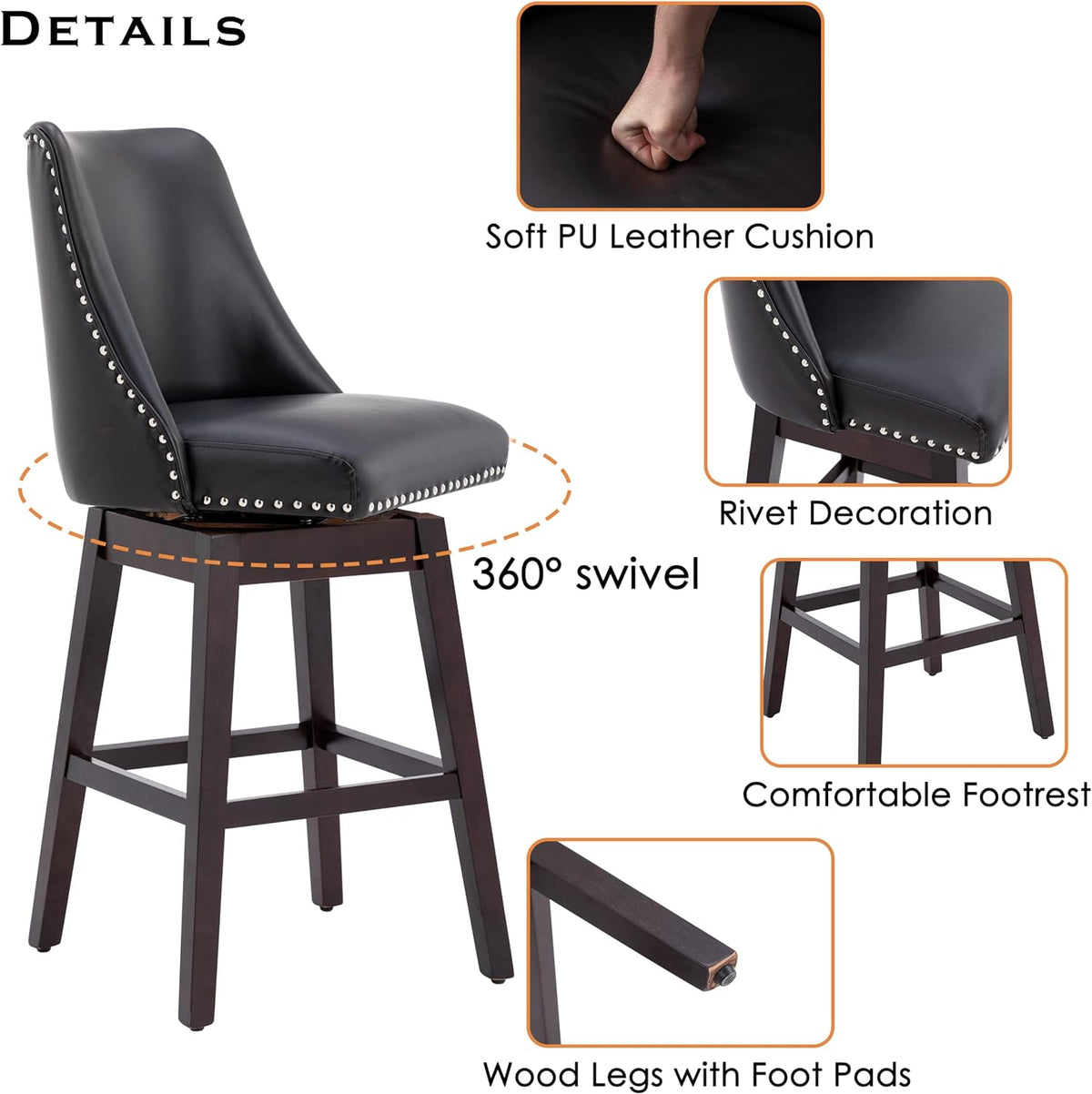 27 inch PU Leather Swivel Barstools with Wood Legs Q264365