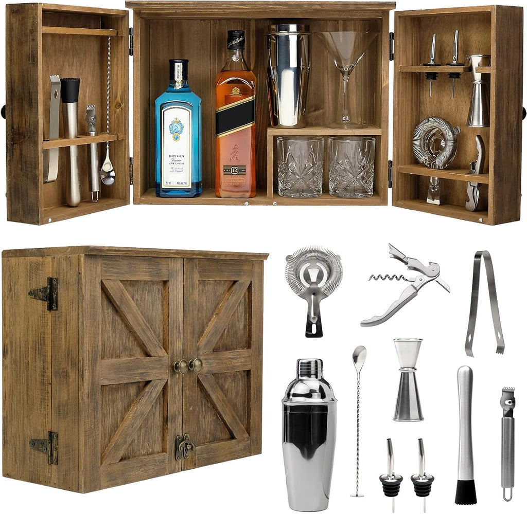 Rustic Brown Bar Cabinet with 12 Piece Bar Tool Set A10650