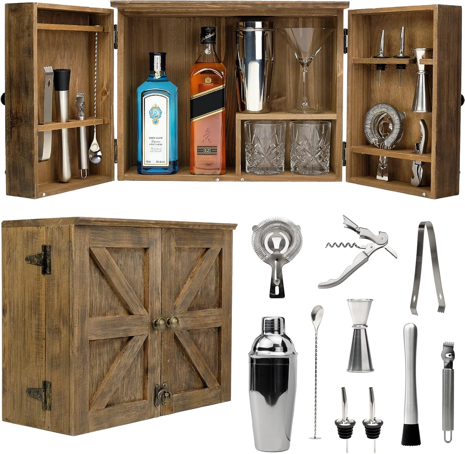Rustic Brown Bar Cabinet with 12 Piece Bar Tool Set A10650