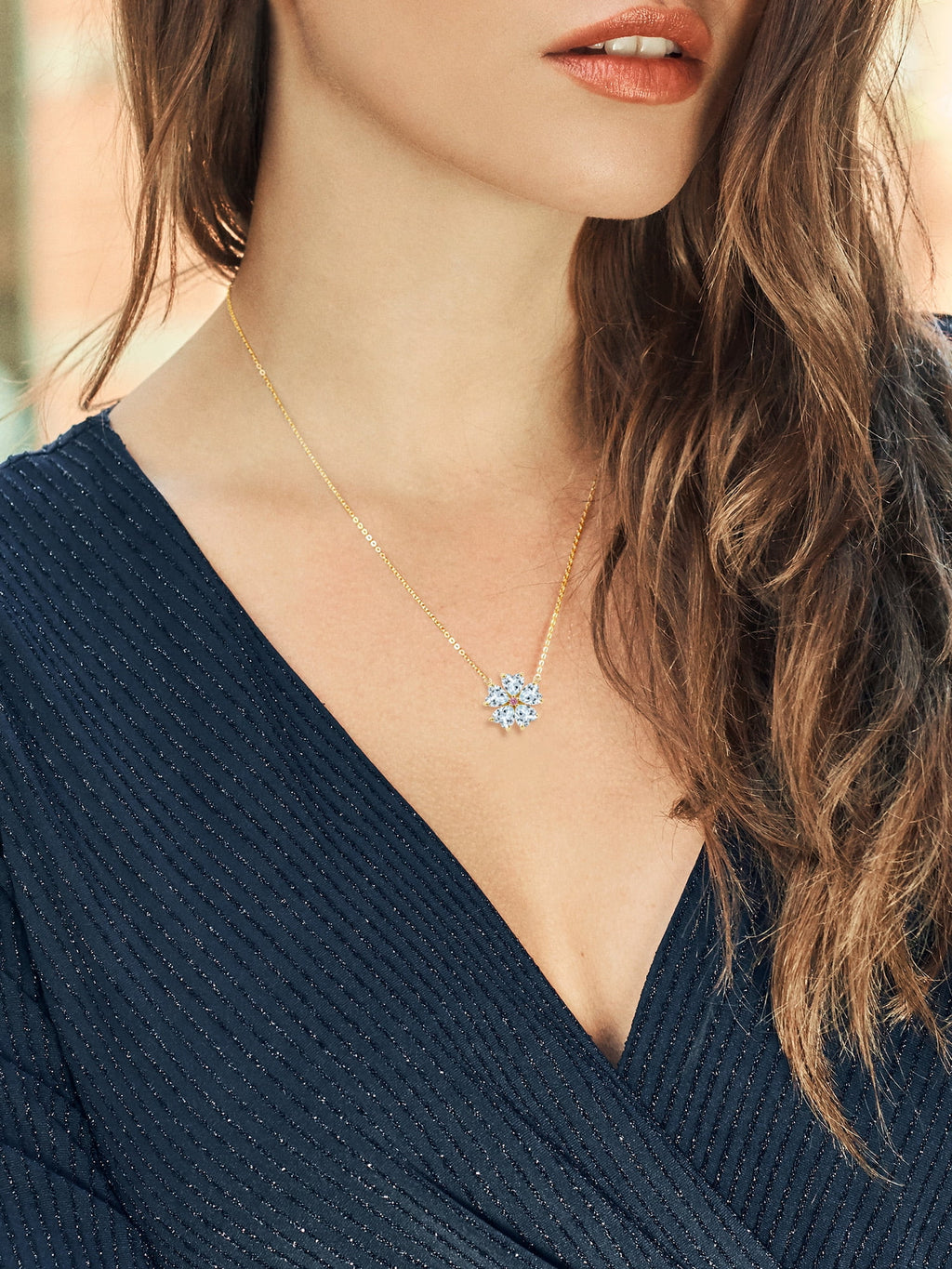 18K Yellow Gold Plated Silver Sky Blue Aquamarine and Pink Lab Grown Diamond Pendant Necklace F7589
