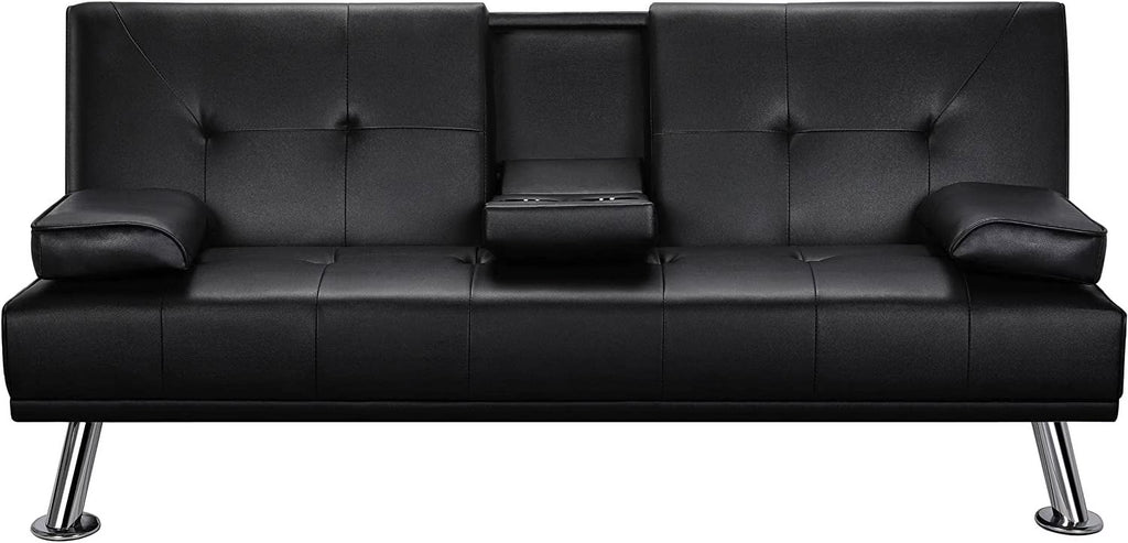 Black Faux Leather Convertible Futon Sofa Bed with Cup Holders T391