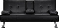 Black Faux Leather Convertible Futon Sofa Bed with Cup Holders T391
