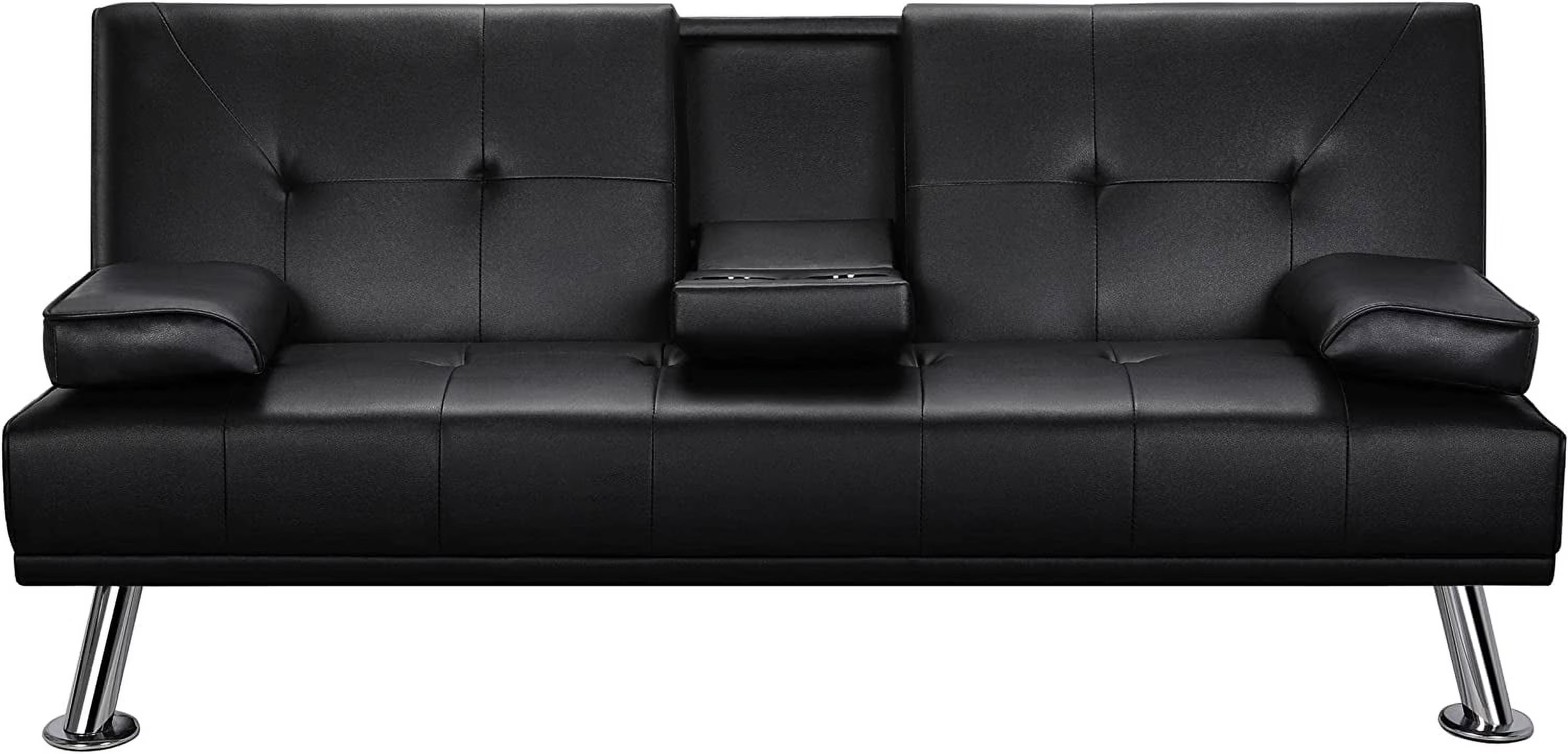 Black Faux Leather Convertible Futon Sofa Bed with Cup Holders T391