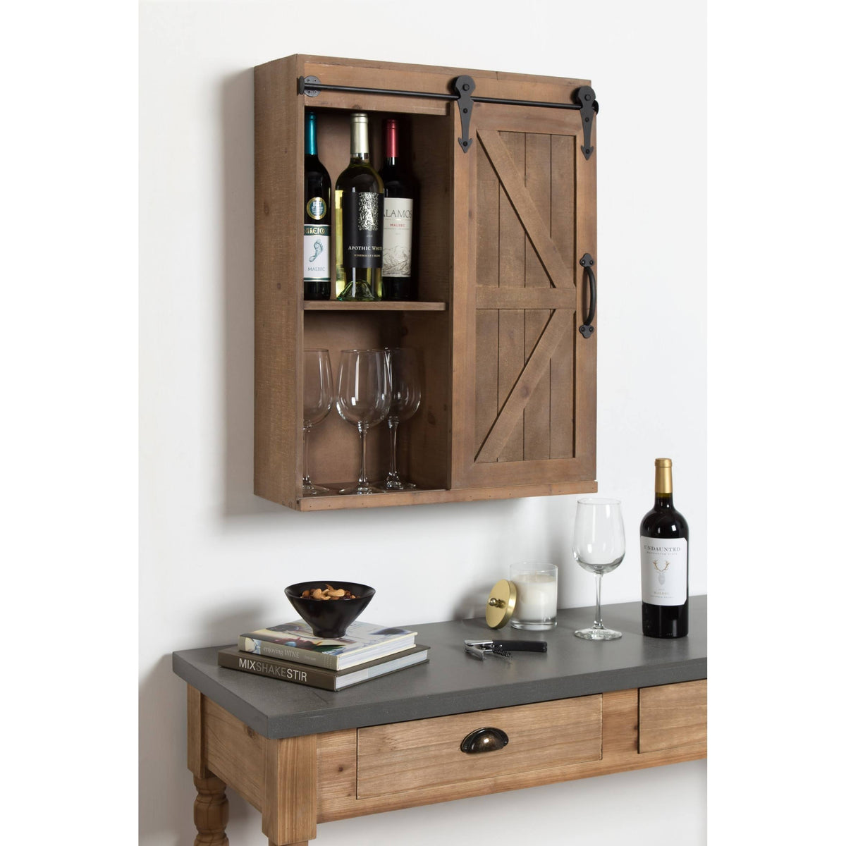 Rustic Brown Black Wood Wall Storage Cabinet with Sliding Barn Door O4626