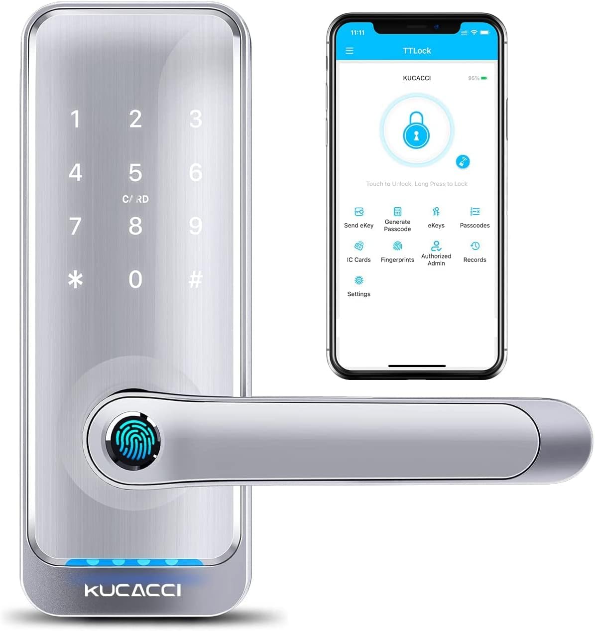 Smart Lock with Handle, Keyless Entry, Fingerprint, Silver A1058