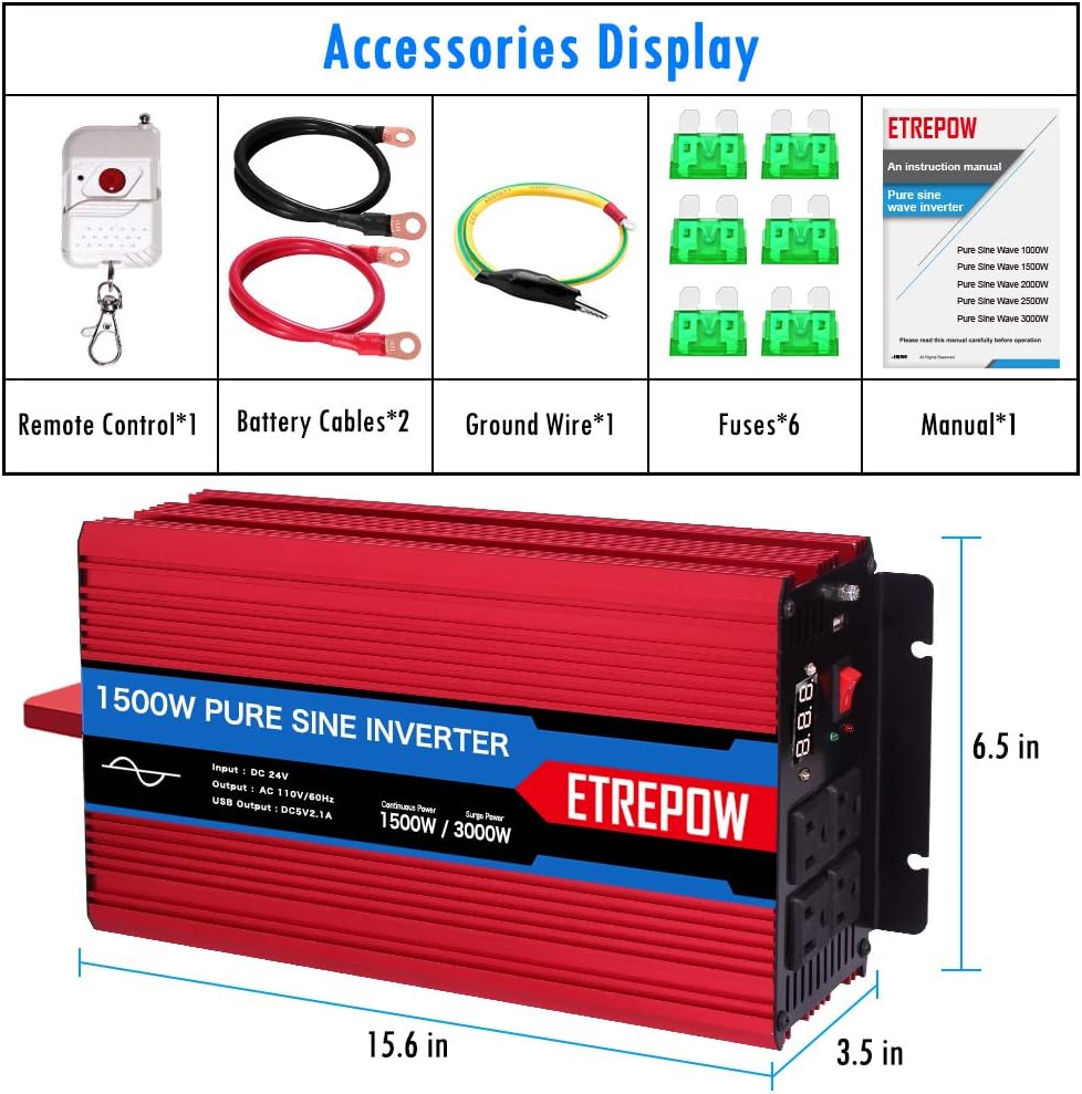 1500 Watt Pure Sine Wave Power Inverter 24V DC to 110V AC Wireless Remote Control X844
