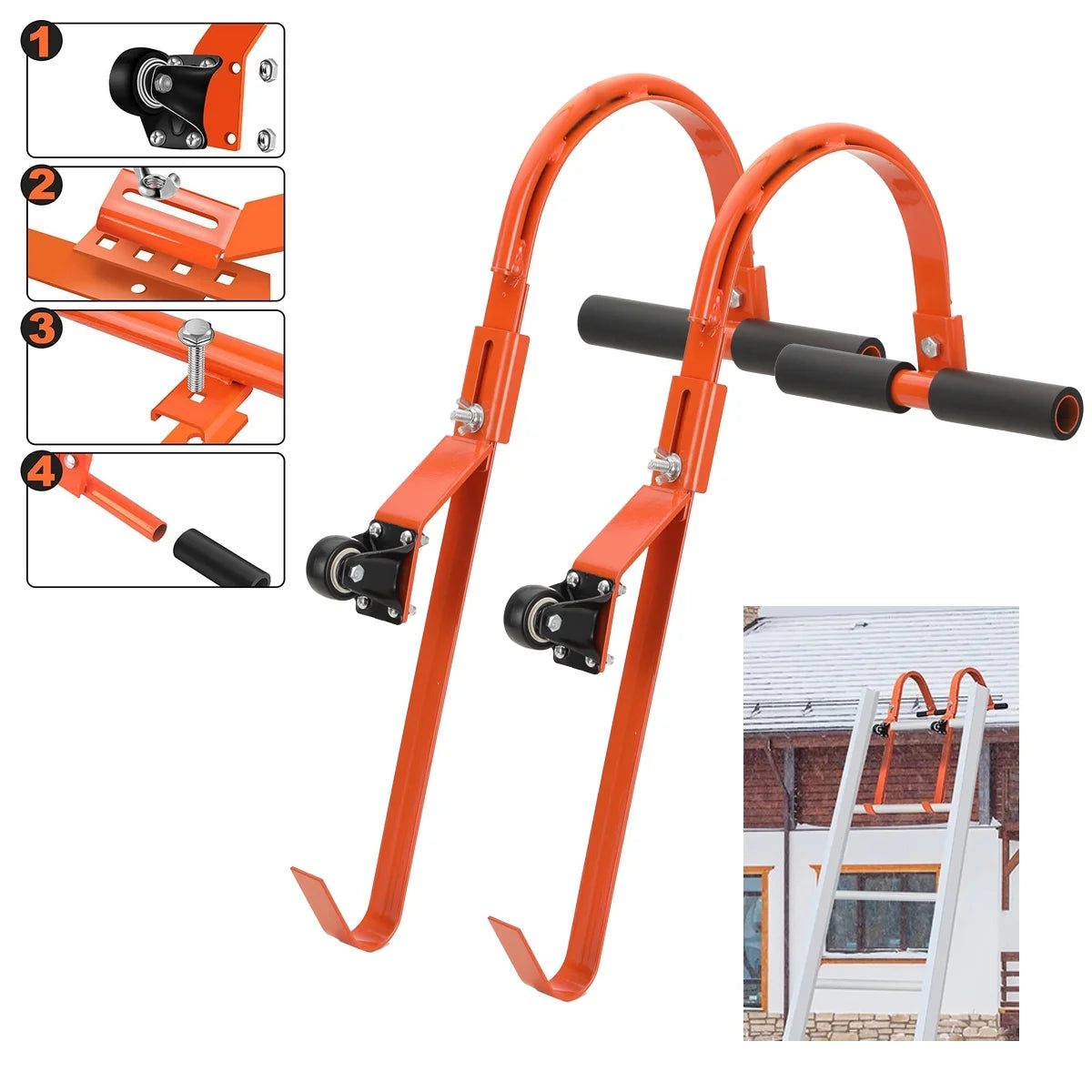 2 Pack Heavy Duty Steel Ladder Roof Hook with Wheel M223