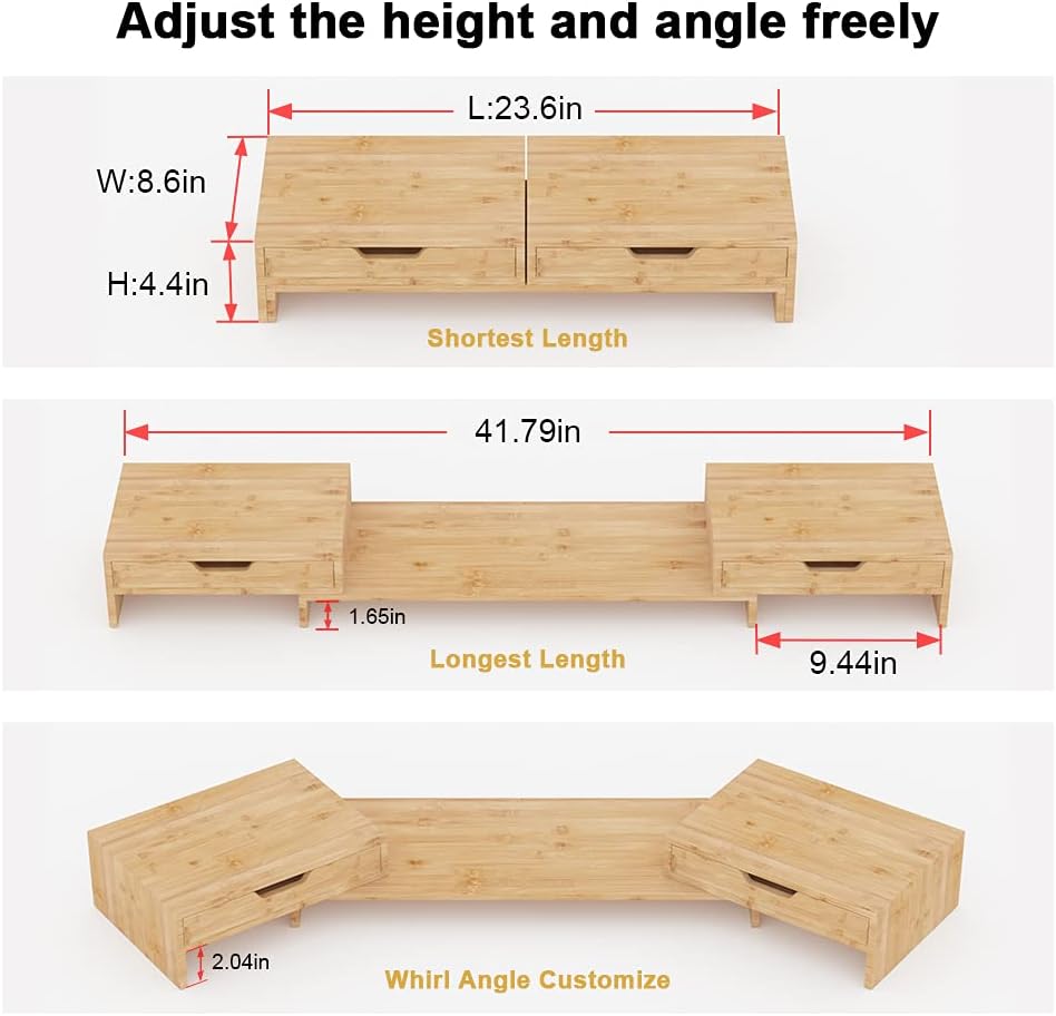 Dual Monitor Stand Riser with 2 Extra Drawers, Bamboo, Pack of 2 I859052
