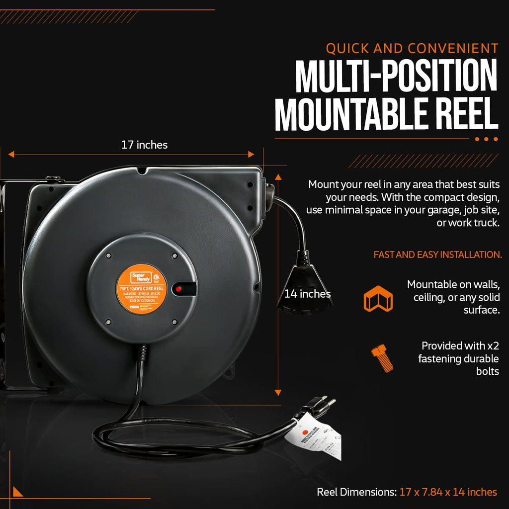 Extension Cord Reel Retractable 12AWG x 75' Feet Cable with Triple Tap Connector E997370