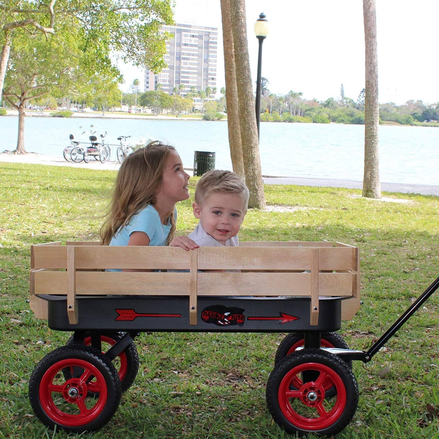Black and Red Wood and Steel Wagon with Handle F8323