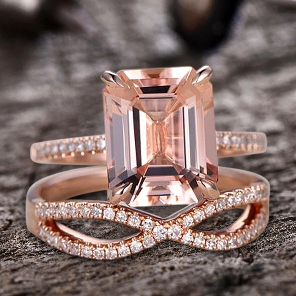 Emerald Cut Morganite Engagement Ring with Diamond Accents P8041