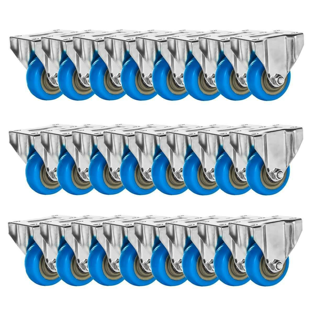 24 Pack 3x22 Rigid Fixed Polyurethane Blue Non Swivel Caster Wheels S2566