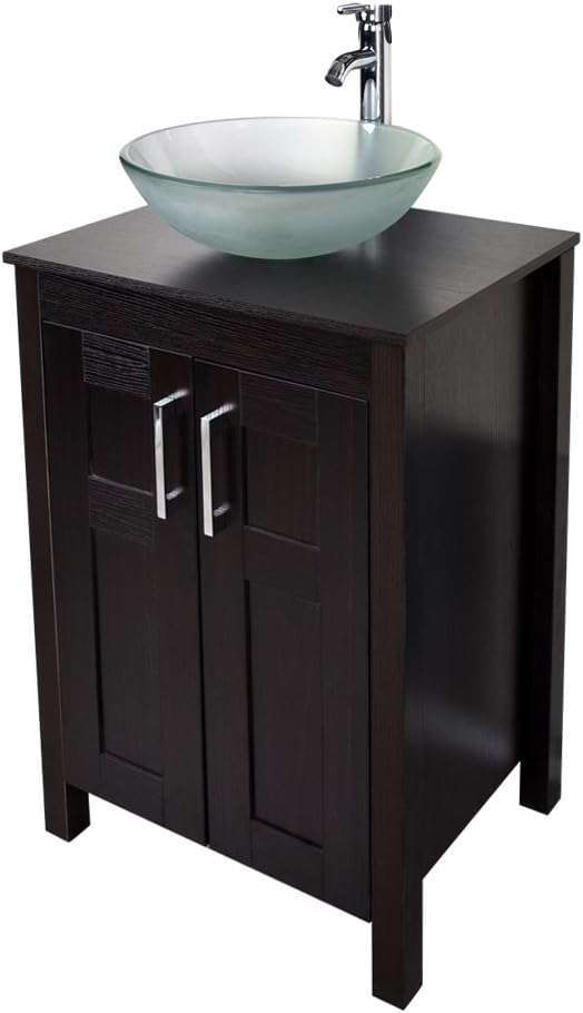 Dark Coffee 24 Inches Single Bathroom Vanity with 2-Door Cabinet and Tempered Glass Sink Top Y9583