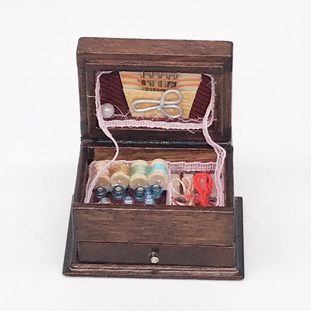 Miniature Chinese Wooden Sewing Kit Box Doll House Accessory Q19991
