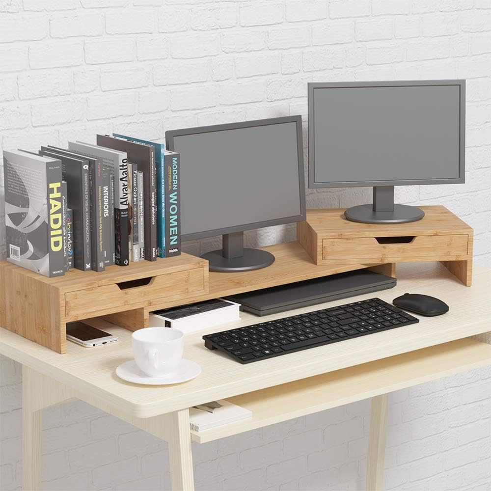 Dual Monitor Stand Riser with 2 Extra Drawers, Bamboo, Pack of 2 I859052