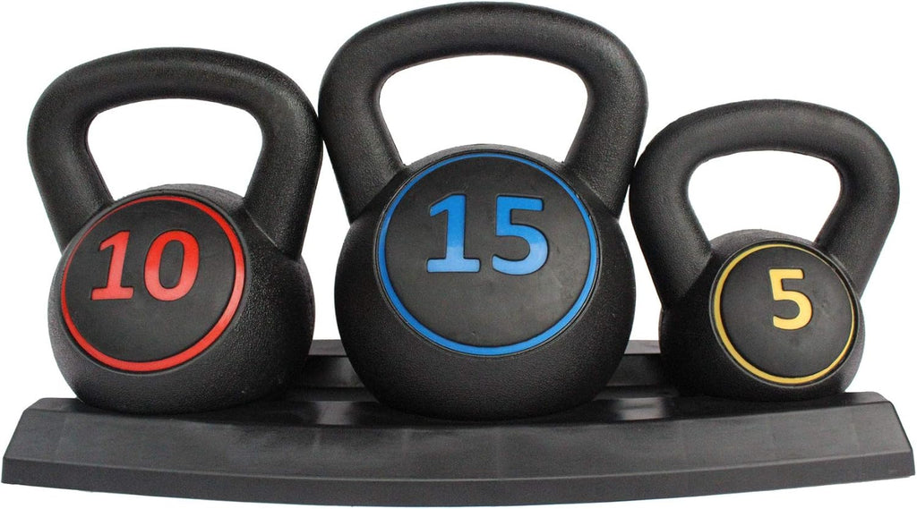3-Piece Kettlebell Weight Set with 5lb, 10lb, 15lb Weights and Base Rack M5466