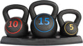 3-Piece Kettlebell Weight Set with 5lb, 10lb, 15lb Weights and Base Rack M5466