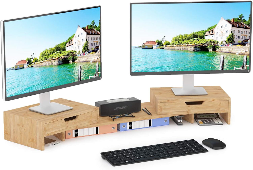 Dual Monitor Stand Riser with 2 Extra Drawers, Bamboo, Pack of 2 I859052