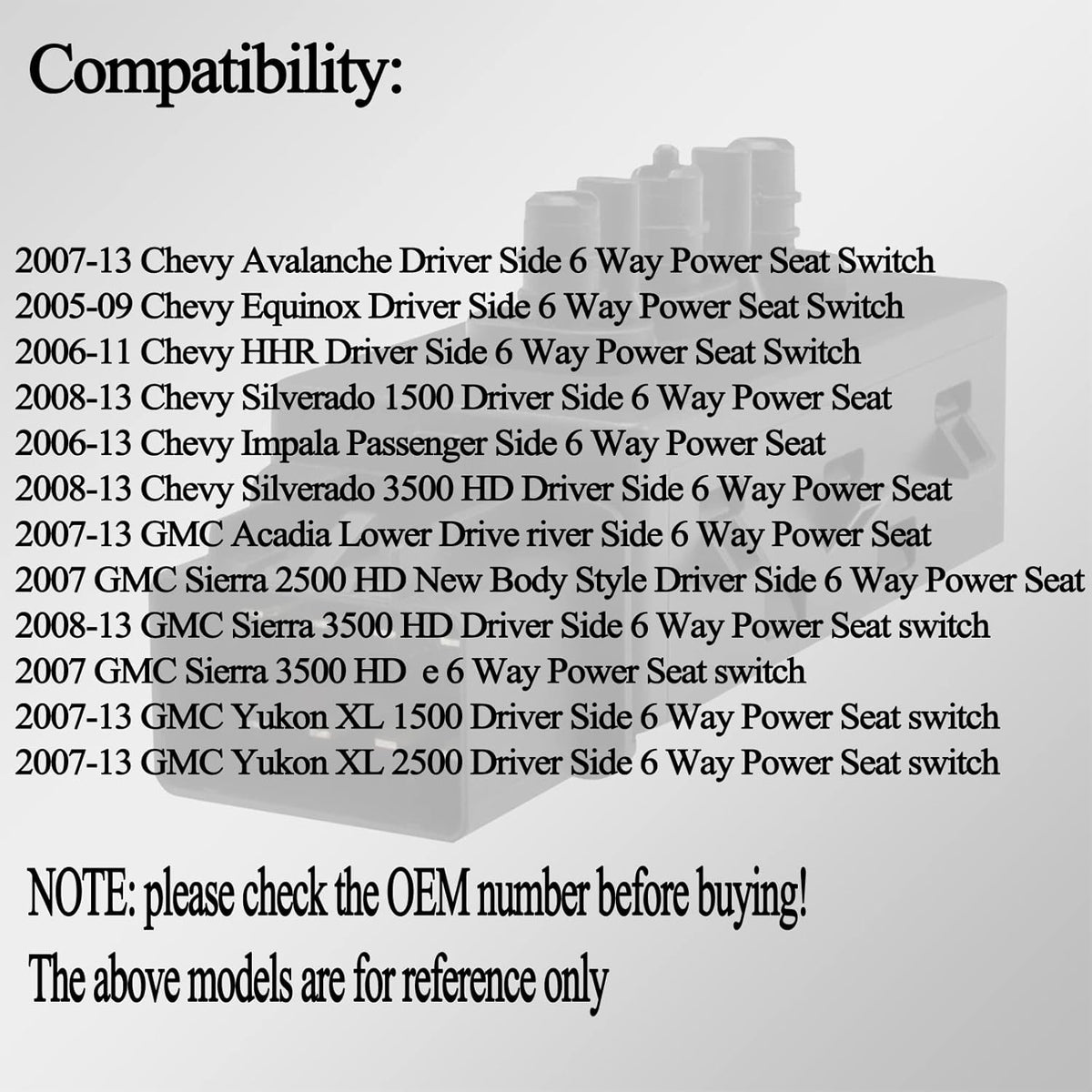 Driver Side 6 Way Power Seat Adjust Switch 12451495 Pack of 2 J31437